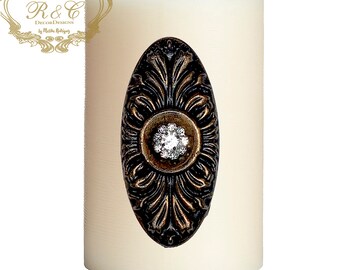 Pillar candle pin accent SET OF 2 SMALL medallion embellished handmade rhinestones craft Tuscany old world crown cross lion medieval ornate