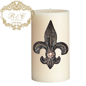 SET of 2 Pillar candle pin accent FLEUR de LIS embellished handmade craft  tuscany old world crown cross lion ornate
