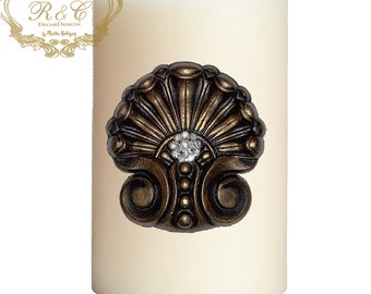 Pillar candle pin accent SET OF 2 SMALL medallion embellished handmade rhinestones craft Tuscany old world crown cross lion medieval ornate