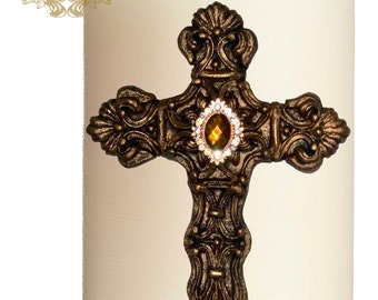 Pillar candle pin accent  Large CROSS embellished handmade rhinestones craft  tuscany old world crown cross lion medieval ornate