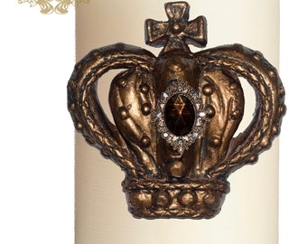 Pillar Candle pin  CROWN ornate embelished handmade rhinestones craft  tuscany old world crown cross lion medieval jeweled