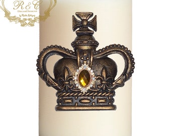 Pillar candle pin accent CROWN embellished handmade rhinestones craft  tuscany old world crown cross lion medieval ornate fleur de lis