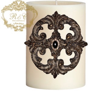 Pillar candle pin accent LARGE MEDALLION embellished handmade rhinestones craft  tuscany old world crown cross lion medieval ornate