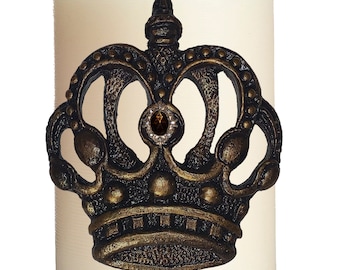Pillar candle pin accent CROWN embellished handmade rhinestones craft  tuscany old world crown cross lion medieval ornate