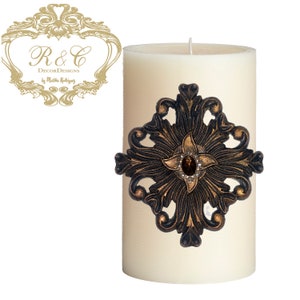 Pillar candle pin accent MEDALLION SQ embellished handmade rhinestones craft  tuscany old world crown cross lion medieval ornate