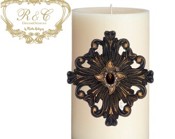 Pillar candle pin accent MEDALLION SQ embellished handmade rhinestones craft  tuscany old world crown cross lion medieval ornate