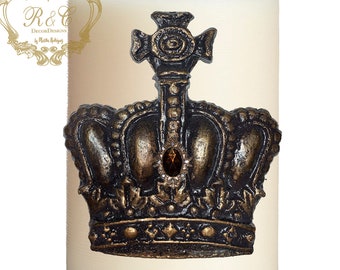 Pillar candle pin accent CROWN embellished handmade rhinestones craft  tuscany old world crown cross lion medieval ornate