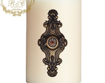 Pillar candle pin accent SET OF 2 SMALL medallion embellished handmade rhinestones craft Tuscany old world crown cross lion medieval ornate