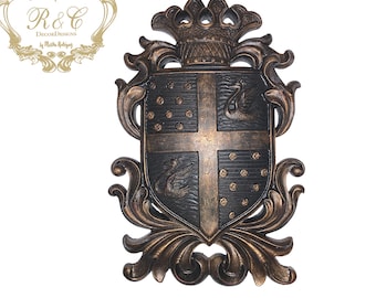 Wall Decor plaque  Shield with Crown l coat of arms l ornate resin l  fleur de lis old world tuscany craft  crown cross lion medieval