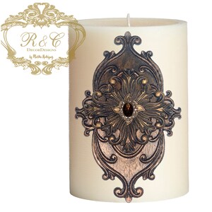 Pillar candle pin accent LARGE MEDALLION COMPOSED 2 pieces embellished handmade rhinestones   tuscany old world crown cross lion medieval