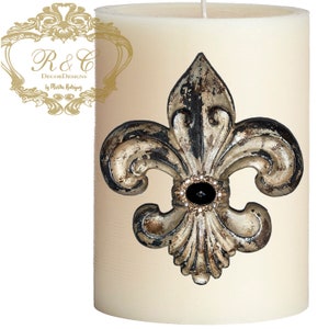 Pillar candle pin accent FLEUR DE LIS embellished handmade rhinestones craft  tuscany old world crown cross lion medieval ornate