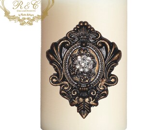 Pillar candle pin accent SET OF 2 SMALL medallion embellished handmade rhinestones craft Tuscany old world crown cross lion medieval ornate