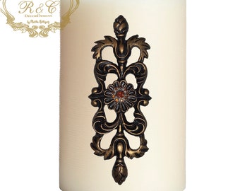 Pillar candle pin accent SET OF 2 SMALL medallion embellished handmade rhinestones craft Tuscany old world crown cross lion medieval ornate