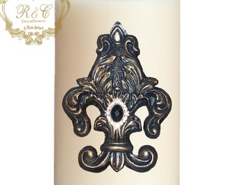 Pillar candle pin accent FLEUR DE LIS embellished handmade rhinestones craft  tuscany old world crown cross lion medieval ornate