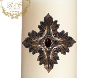 Pillar candle pin accent MEDALLION SQ embellished handmade rhinestones craft  tuscany old world crown cross lion medieval ornate