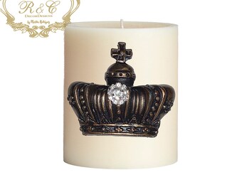 Pillar candle pin accent SET OF 2 SMALL crown embellished handmade rhinestones craft Tuscany old world crown cross lion medieval ornate