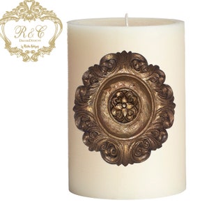 Pillar candle pin accent MEDALLION embellished handmade rhinestones craft  tuscany old world crown cross lion medieval ornate