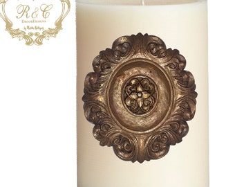 Pillar candle pin accent MEDALLION embellished handmade rhinestones craft  tuscany old world crown cross lion medieval ornate