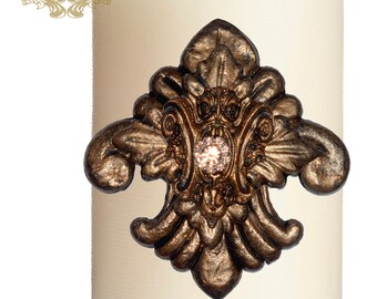 Pillar composite candle  pin accent  medallion embellished handmade rhinestones craft Tuscany old world crown cross lion medieval ornate