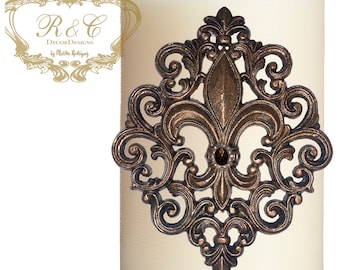 Pillar candle accent Large Scroll FLEUR DE LIS embellished handmade rhinestones craft  tuscany old world crown cross lion medieval ornate