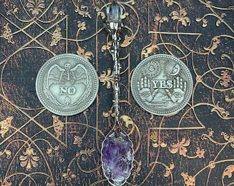 Amethyst Altar Spoon and the Oracle Coin - Crystal Spoon - Wicca - Pagan - Witch Spoon - Altar Decoration - Yes No Oracle Coin - Lucky Coin