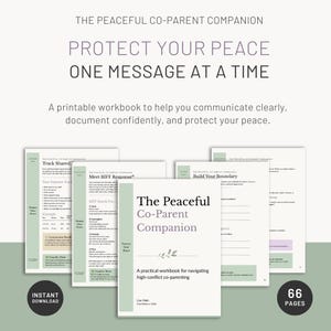 Puede incluir: Un libro de ejercicios imprimible titulado The Peaceful Co-Parent Companion, con 66 páginas para la coparentalidad de alto conflicto. La portada y las páginas interiores incluyen texto, seguimiento de gastos y secciones de límites.
