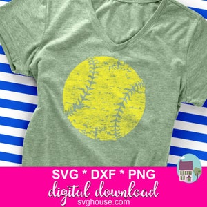 Balle de softball grunge SVG, fichiers de coupe en détresse pour la silhouette et la Cricut - comprend les fichiers Svg, PNG, DXF