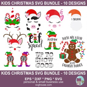 Bundle Noël SVG pour enfants, utilisation commerciale dans les petites entreprises - 10 modèles de fichiers de coupe vectorielle pour la silhouette et la Cricut - Png, Eps et Dxf inclus