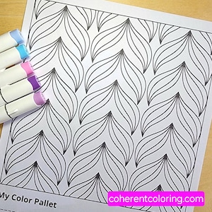 May include: A black and white coloring page with a repeating leaf-like pattern. Several colorful markers in shades of blue, turquoise, pink, purple, and lavender are visible on the left side. The text "My Color Pallet" and "coherentcoloring.com" are also visible.