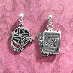Movie Buff Earrings Motion Picture Fan in Antique Silver Tickets and Film Reel