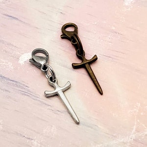 Sword Clip On Charm / Zipper Pull, Silver, Antique Bronze