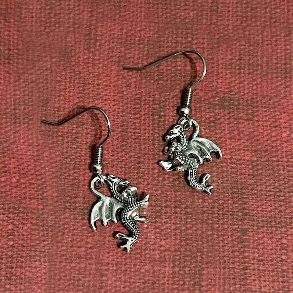 Silver Dragon Earrings Antique Silver Tone Fantasy Sci-Fi