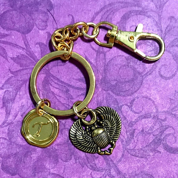 Scarab Beetle Keyring, Personalized Antique Gold Scarab Beetle Keychain, Optional Personalization