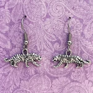 Tiger Earrings, Silver, Big Cat Animal Jewelry