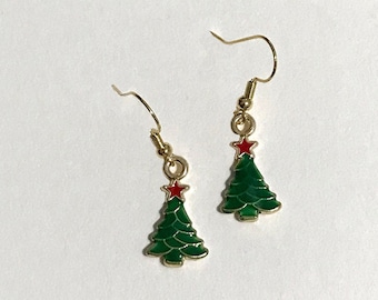 Christmas Tree Earrings, Green Enamel, Christmas Holiday