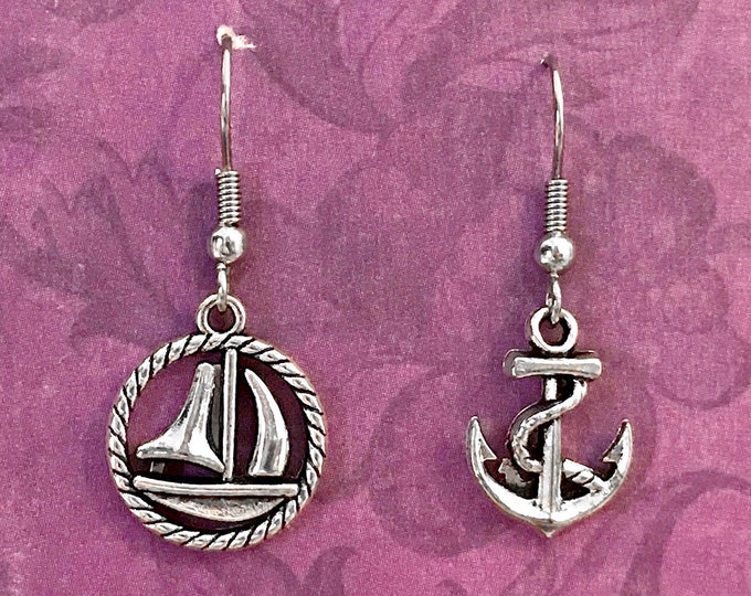 Nautical Earrings Anchor and Sailboat Earrings,Sailing Earrings, Nautical Jewelry, Mismatched Earrings