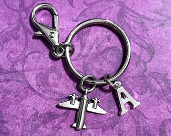 Airplane Keyring Keychain w/Optional Personalized Jet Airplane Keychain Initial and/or Birthstone Keychain