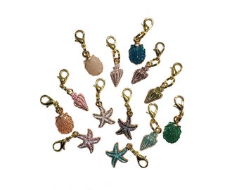 Seashell Zipper Pulls Clip On Charms, Glittery Colored Seashells with Gold Base, Zipper Pull With Seashell, Your Choice!