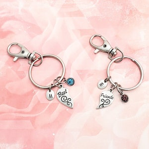 Best Friends 2 Hearts Keychain Keyring, Antique Silver Best Friends Hearts, Personalize