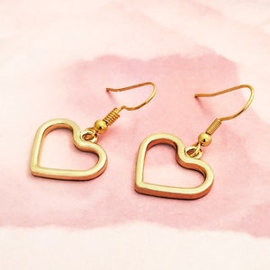 Gold Plated Open Heart Earrings: Stainless Steel Wires