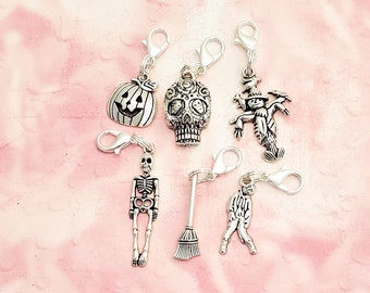 Halloween Zipper Pull Charms, Halloween Scarecrow, Zombie, Sugar Skull Charms, Halloween Clip On Charms, Witches Broom