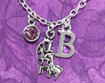 Giraffe Mother and Baby Necklace Silver, Optional Initial and/or Birthstone, Giraffe Necklace