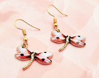 Pink Dragonfly Enamel Earrings, Dragonfly Earrings w/Gold Base