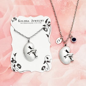 Human Kidney Necklace, Silver Anatomical Kidney, Personalized Initial, Preciosa Birthstone