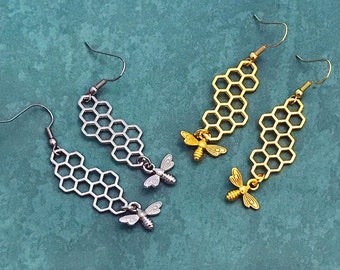 Bee and Honeycomb Earrings, Gold or Silver Tone
