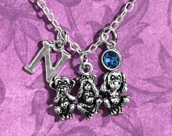 Monkey Necklace Hear No Evil, See No Evil, Speak No Evil with Optional Initial and/or Birthstone Necklace