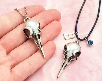 Raven Bird Skull Necklace, Silver Raven Skull, Gothic Jewelry with Optional Preciosa Birthstone and/or Initial