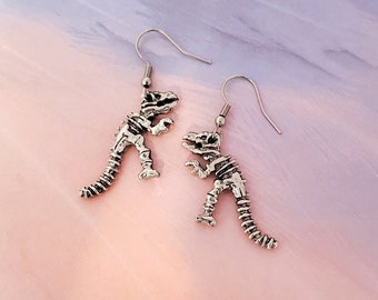 Dinosaur Earrings, Silver, T-Rex Earrings, Reptile Jewelry