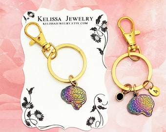 Colorful Brain Keychain: Personalized Initial, Birthstone Charm