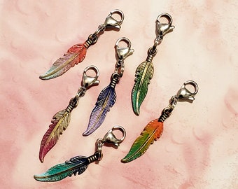 Patina Feather Zipper Pull Charms, Feather Keychains, HandPainted